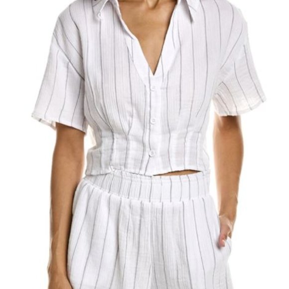 Monrow Tops - MONROW - PINSTRIPE GAUZE CROPPED SHORT SLEEVE - WHITE - SIZE MEDIUM
